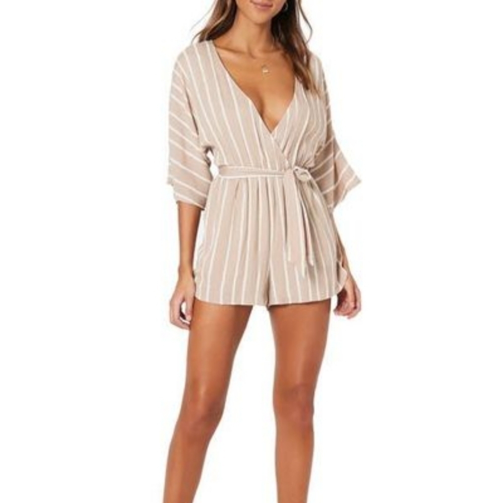 MINKPINK Wanderlust Playsuit Striped Romper in Taupe
